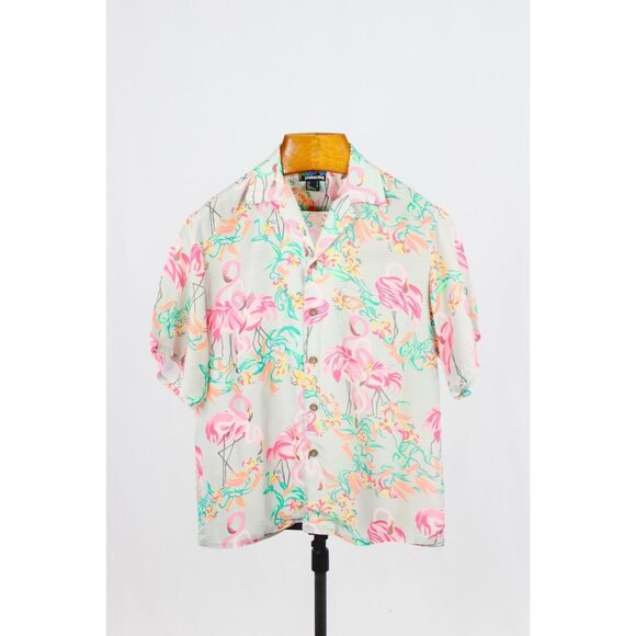 Vintage PATALOHA PATAGONIA Grey Pink Floral Flamingo Hawaiian Shirt, Size S - Picture 1 of 16
